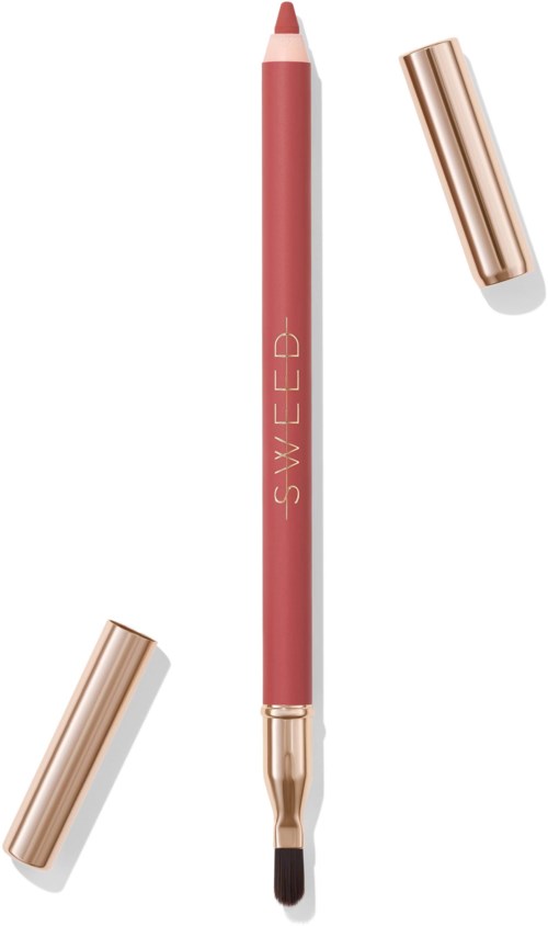 A pink lip liner pencil with a built-in brush, two gold caps, and the brand name 'SWELEB' on it.