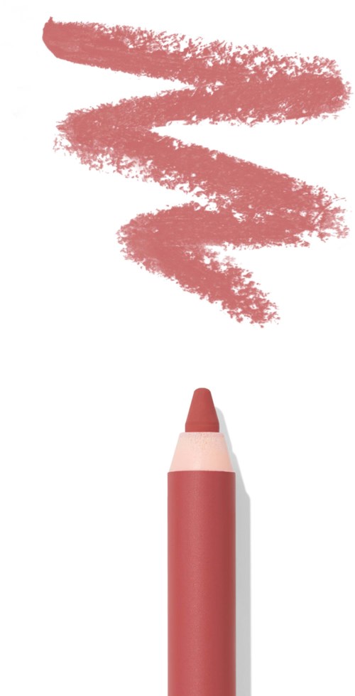 A pink lipstick with a lipstick mark or line above it on a white background.