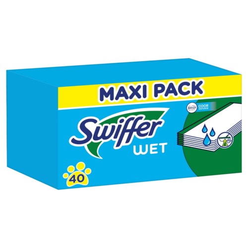 Blå boks med Swiffer Wet-kluter, merket 'Maxi Pack' med 40 kluter. Viser kluter som rengjør og deodorerer.