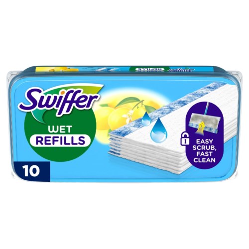 Pakke med Swiffer våt påfylling med 10 stykker, sitrusduft, og instruksjoner for enkel rengjøring.