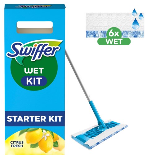 En Swiffer Wet Kit-pakke med en rengjøringsmopp og en boks som viser seks våte kluter, sitronduft og blå design.