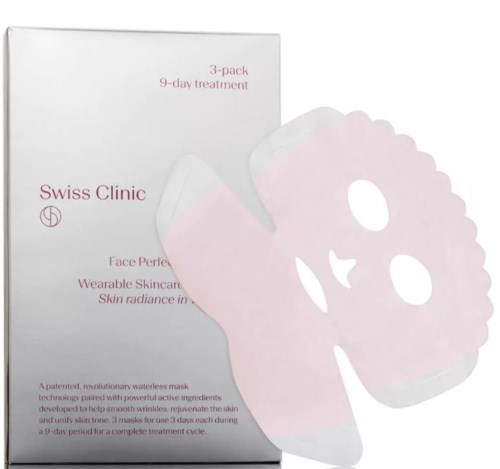 Pakkaus ja kasvosuojus leikkauksella, nimeltä Swiss Clinic Face Perfect 3-pack ihonhoitoon.