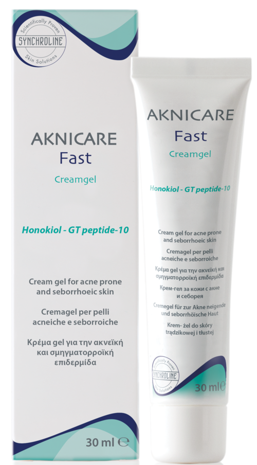 Cream gel for acne and sebum control, with Hanokiol and GT peptide-10, in a white tube and box, 30 ml.