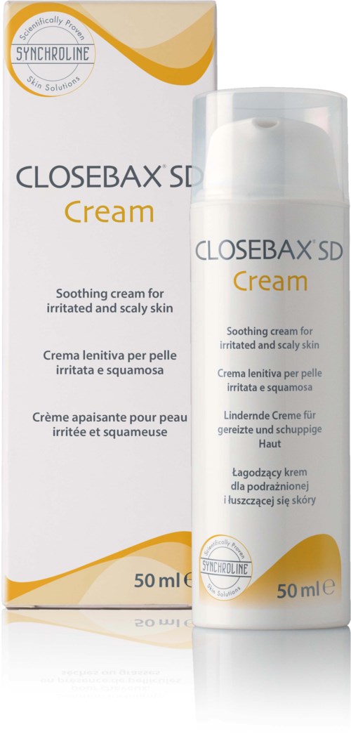 A box and bottle of Closebax SD Cream for irritated and scaly skin, 50 ml, with simple design and text.