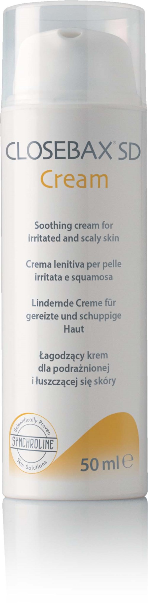 A white cylindrical bottle with a pump, labeled Closelax SD Cream for irritated and scaly skin, 50ml.