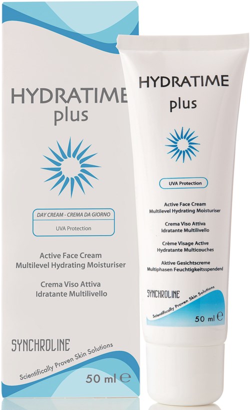 Valkoinen putkilö ja pakkaus Hydratime Plus kasvovoiteelle, sininen ja musta teksti, auringon symboli ja ihonhoitokuvat.