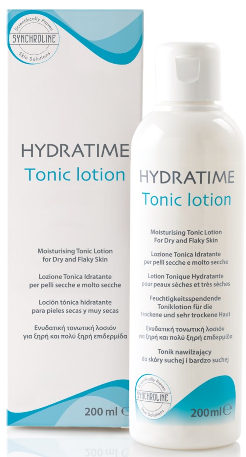 Valkoinen pullo Hydratime Tonic Lotion, jossa on sinisiä korostuksia, tarkoitettu kuivalle ja hilseilevälle iholle.