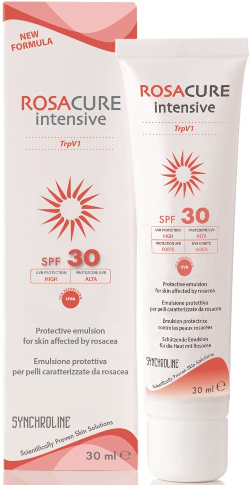 Valkoinen putki rosacea-emulsiota ja SPF 30, auringon kuva ja punainen sekä harmaa teksti, vieressä sen laatikko.