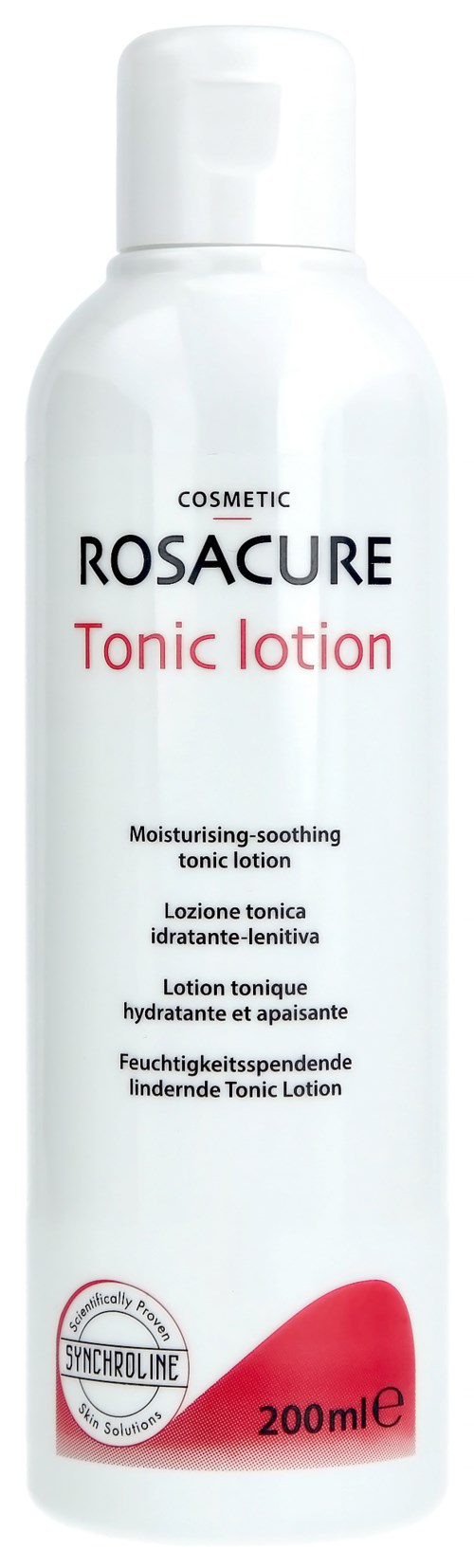 Valkoinen pullo, jossa musta ja punainen teksti, nimeltään Rosacure Tonic Lotion, 200ml, rauhoittava iho.