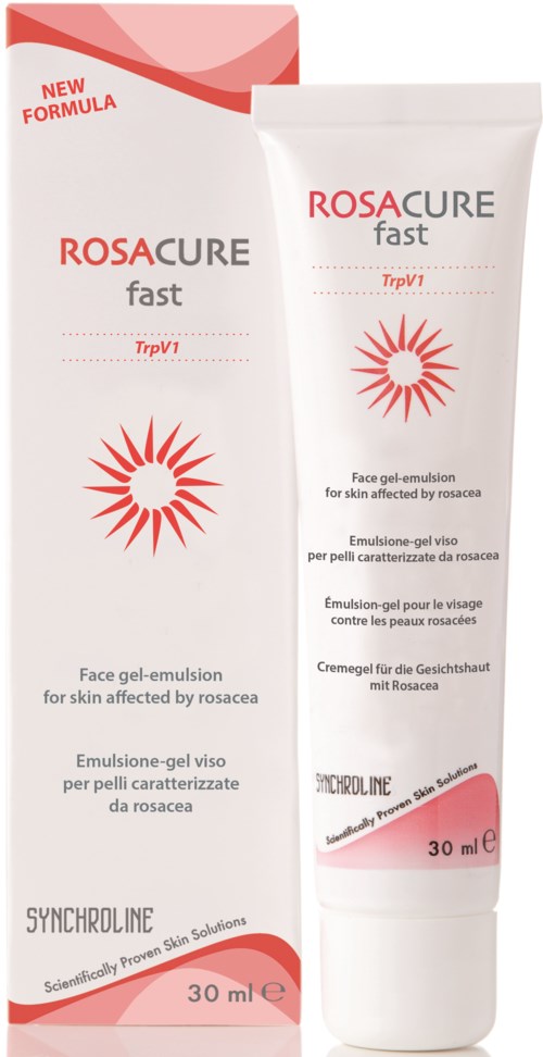 Valkoinen putki ja laatikko näyttävät RosaCure fast kasvovoide-emulsion rosaceaan, punainen teksti ja punainen auringon symboli.