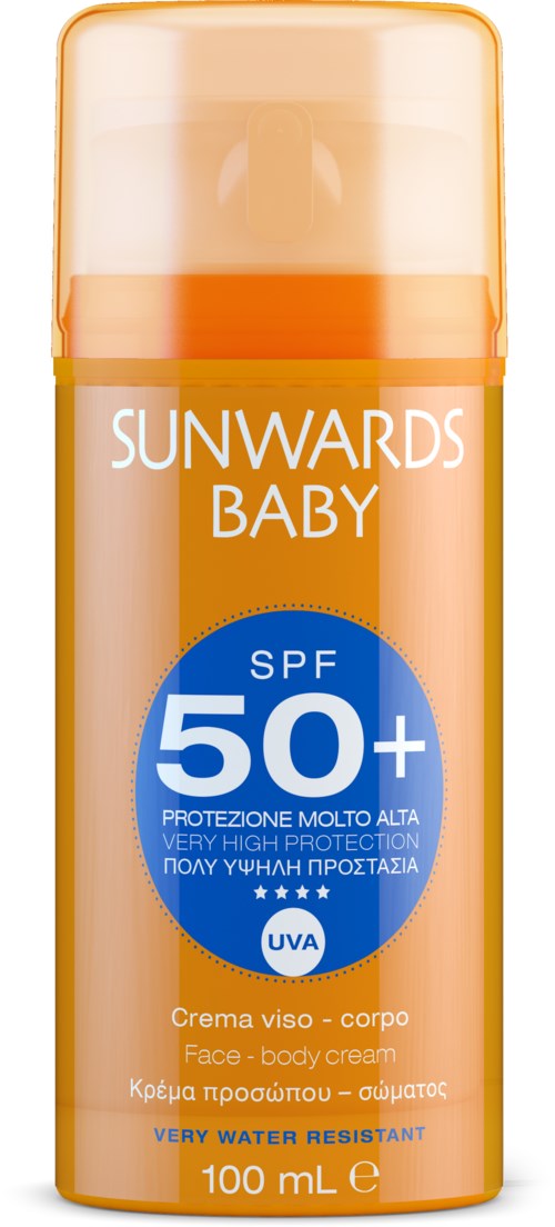 Aurinkosuojavoidekasvovoide ja vartalo, SPF 50+, vedenkestävä, pieni oranssi pullo.