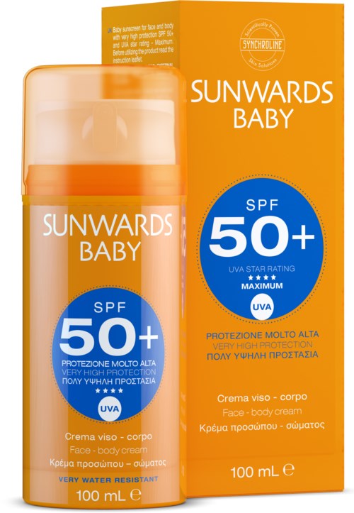 Sunwards Baby SPF 50+ kasvot ja vartalo voide oranssissa pakkauksessa pumppupullossa.