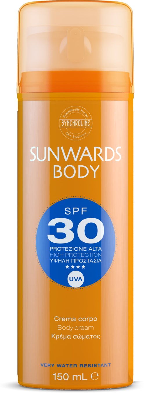 Auringonsuojakermikkopullo, SPF 30, oranssi ja valkoinen väri, ja aurinkosuojatiedot.