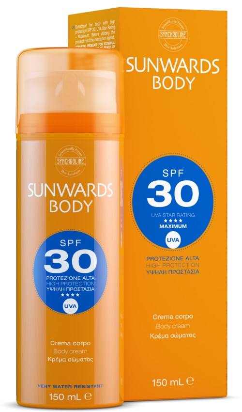 Sunwards Body aurinkovoide SPF 30 oranssissa pakkauksessa. Merkitty kuin vartalovoide korkealla suojauksella.