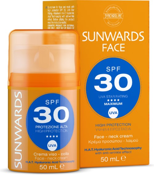 Kirkas oranssi pullo ja siihen sopiva laatikko mainostavat korkeasuojakreemiä kasvoille ja kaulalle, SPF 30.