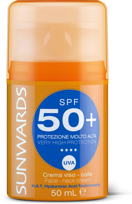 Pieni oranssi pullo, jonka päällä SPF 50+ -suoja kasvoille ja kaulalle, merkiltä 'Sunward's' ja 'Erittäin korkea suoja.'
