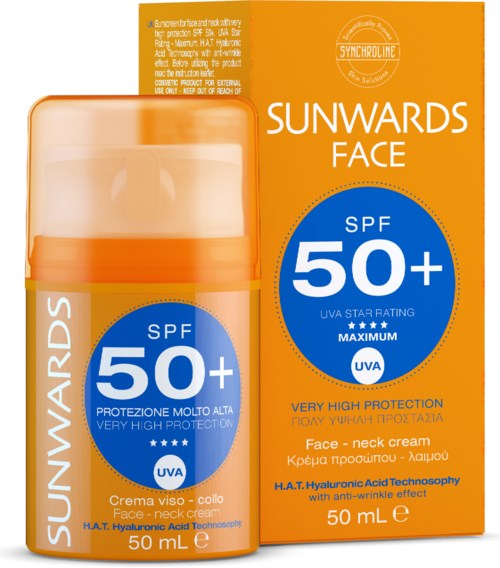 Sunwards kasvojen ja niskan voide pullo, SPF 50+ ja UV-suoja, oranssissa ja sinisessä pakkauksessa.
