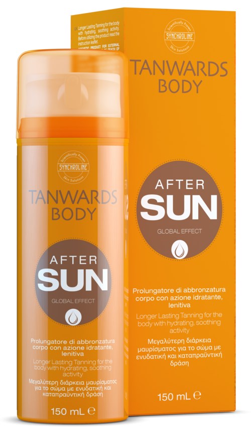 Kroppavoiden pullo ja bokku oranssina ja valkoisina, merkinnällä 'Tanwards Body After Sun', auringon jälkeiseen ihon hoitoon.