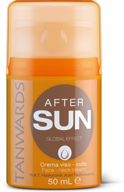 Kasvot ja kaulan sisältävä voide nimeltä 'After Sun' hyaluronihappoteknologialla, 50 ml, oranssi ja beige värit.