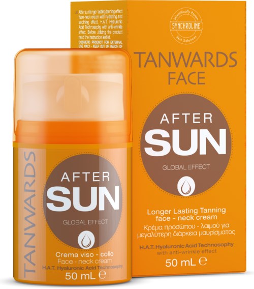  Kasvovoide pullo ja laatikko oranssilla ja harmaalla, nimellä "TANWARDS FACE AFTER SUN" ihonhoitoon.
