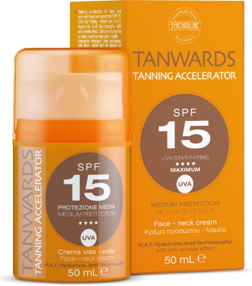 Oranssi pullo ja pakkausauringonestoppi, SPF 15, kasvot ja kaula, keskitasoinen suoja, 50 mL.