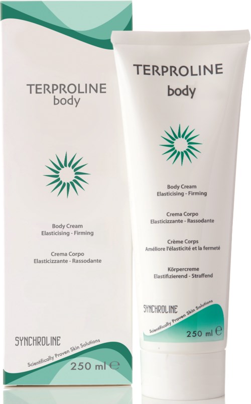 Valkoinen purkki ja pakkaus, joissa on Body Cream -tuote, vihreää ja mustaa tekstiä, nimeltä 'TERPROLINE body' ja 'SYNCHROLINE 250 ml'.