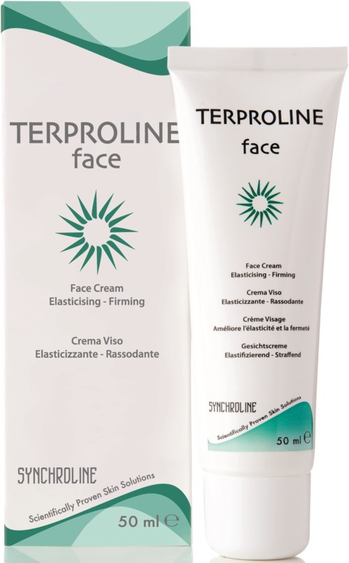 Kasvovoide, nimeltä Terproline face, 50 ml, pakattu vihreään ja valkoiseen, kiinteyttämiseen ja kimmoisuuteen.