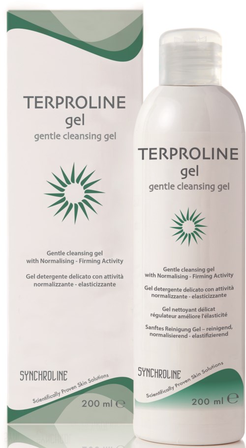 Valkoinen pullo ja laatikko esittelevät Terproline Gel -tuotetta vihreillä ja harmailla design-elementeillä. Tunnusmerkintä mainitsee lempeän puhdistuksen, normalisoinnin ja elastisuuden.
