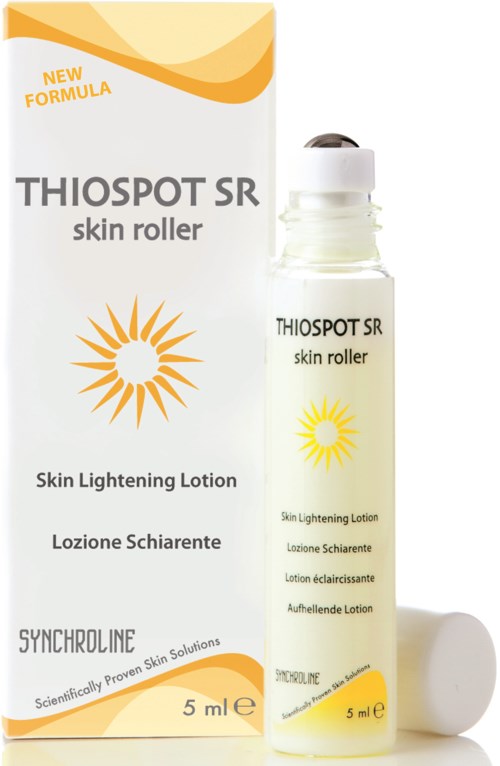 A skin roller product named THIOSPOT SR with a sun logo, in a box and small bottle, labeled for skin lightening.