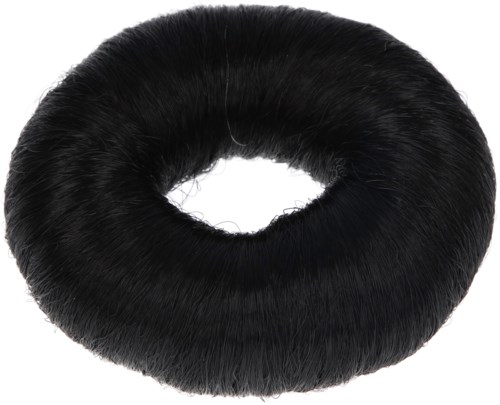 A black hair ring or hair bun cover shaped like a circle.