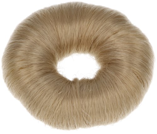 A fluffy, beige circular object with a hole in the middle, resembling a hair scrunchie or soft ring.