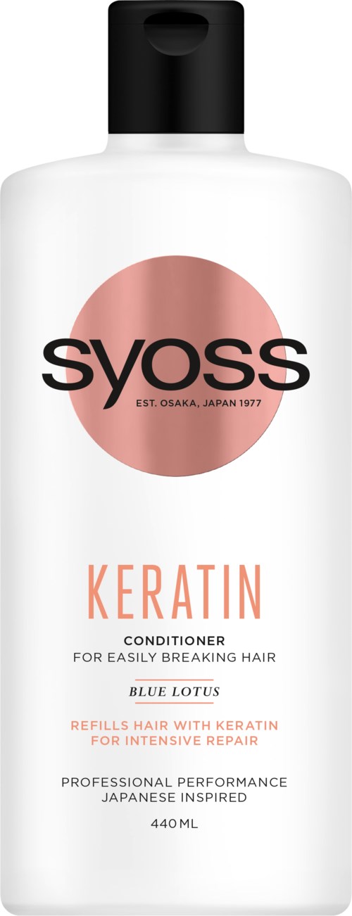 En vit flaska med svart lock, etiketten säger 'Syoss Keratin Conditioner för lättare hår, blå prickar, 440 ml.'