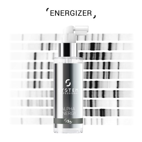 Een kleine fles met 'ALPHA ENERGY' label en pipet, op een gestreepte achtergrond.