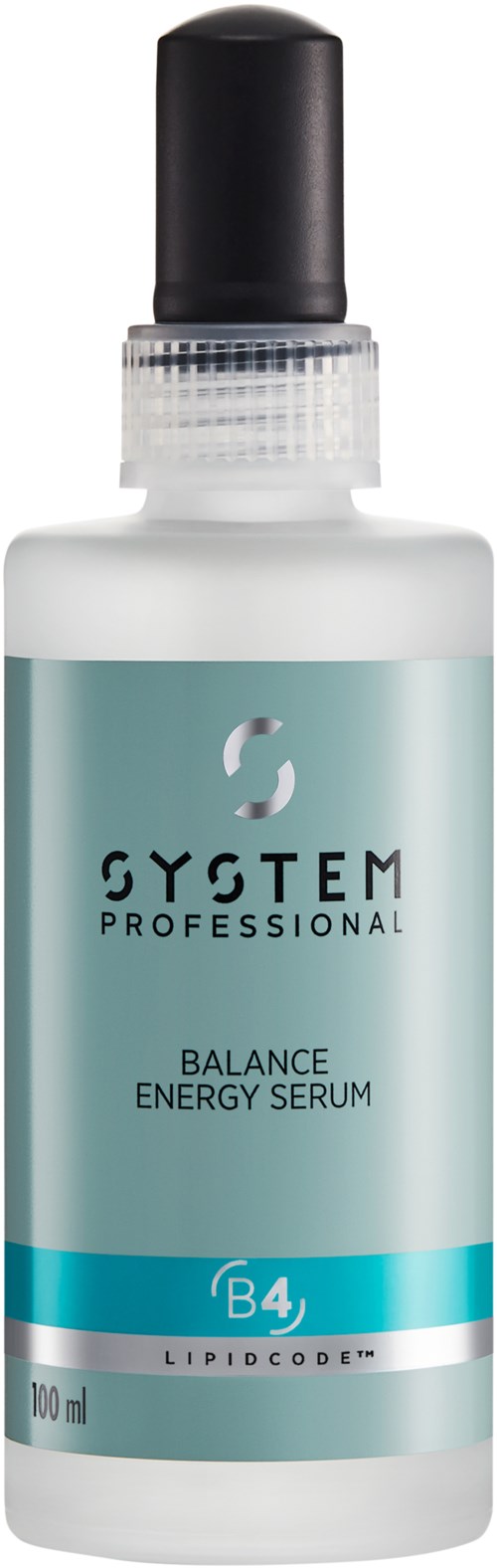 Een kleine witte fles met zwarte dop met label 'Balance Energy Serum' van System Professional.