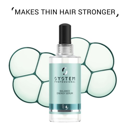 Een serumfles met label "Balance Energy Serum" met een zwarte dop, omgeven door gestileerde haaricoontjes en tekst over haarsterkte.