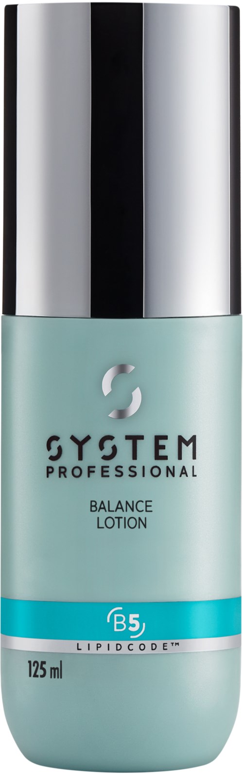 Een klein flesje van System Professional Balance Lotion met zilveren dop en lichtgroene body, gemarkeerd 125 ml.