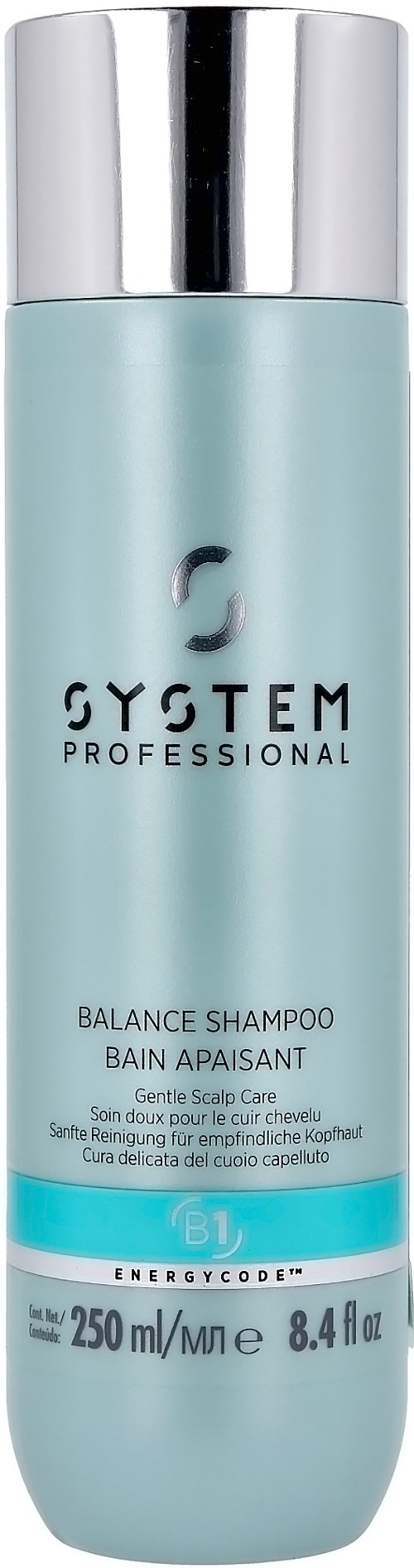Een lichtblauwe fles met System Professional Balance Shampoo en een zilveren dop.