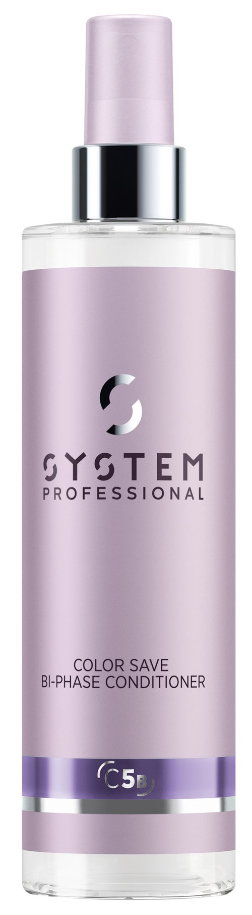 Een lange, lichtpaarse fles met spraydop. Het is gelabeld 'System Professional' en 'Color Save Bi-Phase Conditioner.'