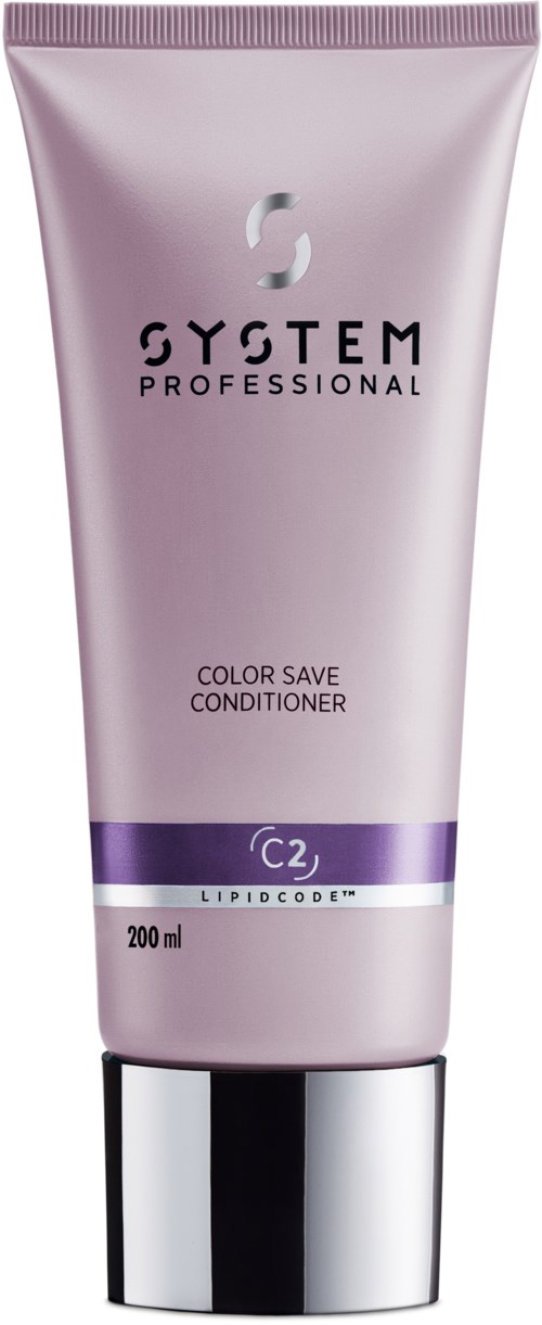 Een roze tube System Professional Color Save Conditioner, 200 ml, met een paarse streep en zilveren dop.