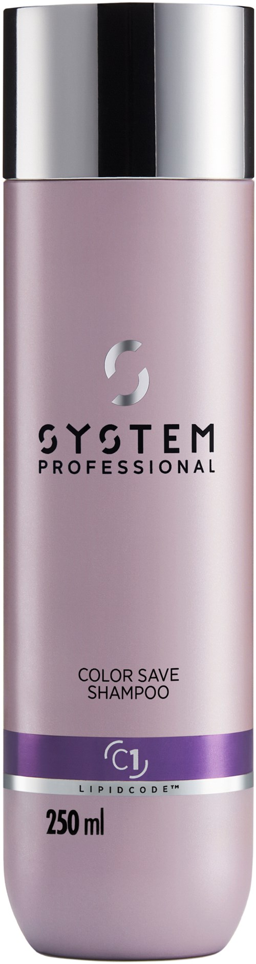 Een lange, roze fles met een zilveren deksel, gemarkeerd als System Professional Color Save Shampoo, 250 ml.