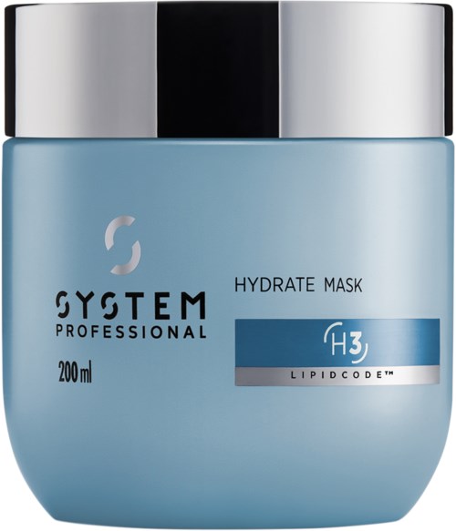 Blauwe pot met zilveren deksel, gemarkeerd als System Professional Hydrate Mask, 200 ml, voor haarverzorging.