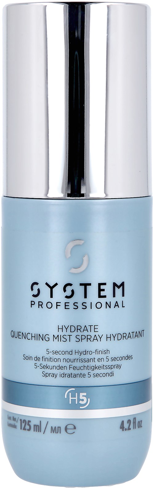 Een lichtblauwe sprayfles met zilveren dop, gemarkeerd als System Professional, 125 ml.