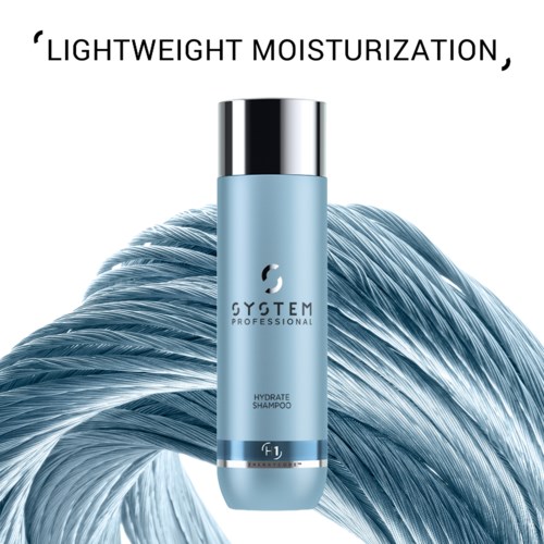 Een lichtblauwe fles Hydraterende shampoo staat voor een grote, getextureerde, zilverblauwe spiraal. De fles heeft een zilveren dop.