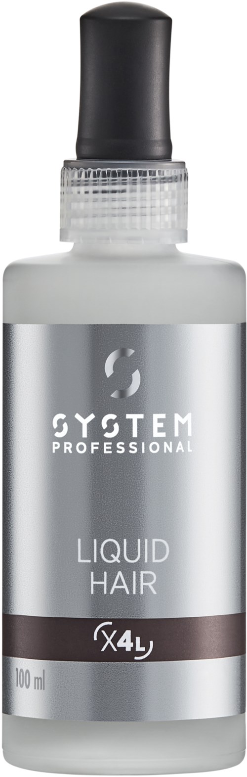 Een witte fles met een zwarte dop, gemarkeerd 'Liquid Hair' en 'System Professional' voor haarbehandeling.