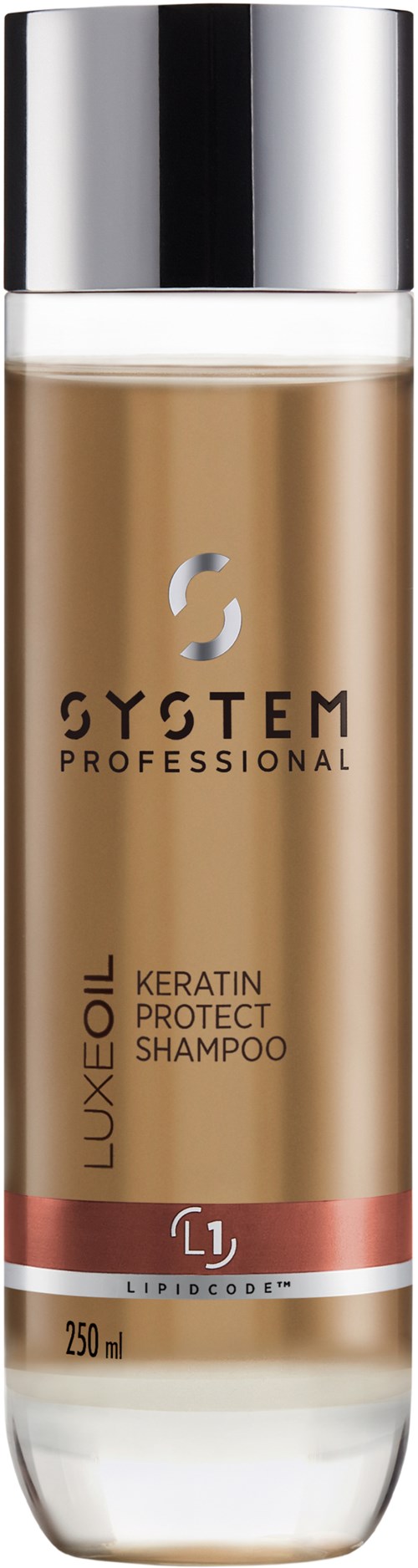 Een fles van 250 ml System Professional Luxeoil Keratin Protect Shampoo met zilveren dop.