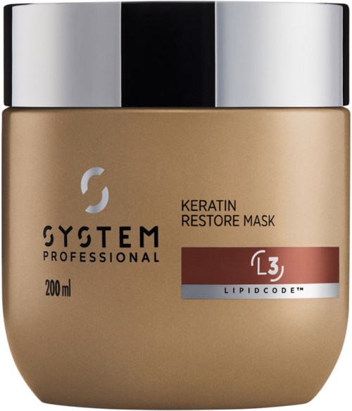 Een pot met Keratin Restore Mask met een zilveren deksel, beige lichaam, en zwart en rood label.