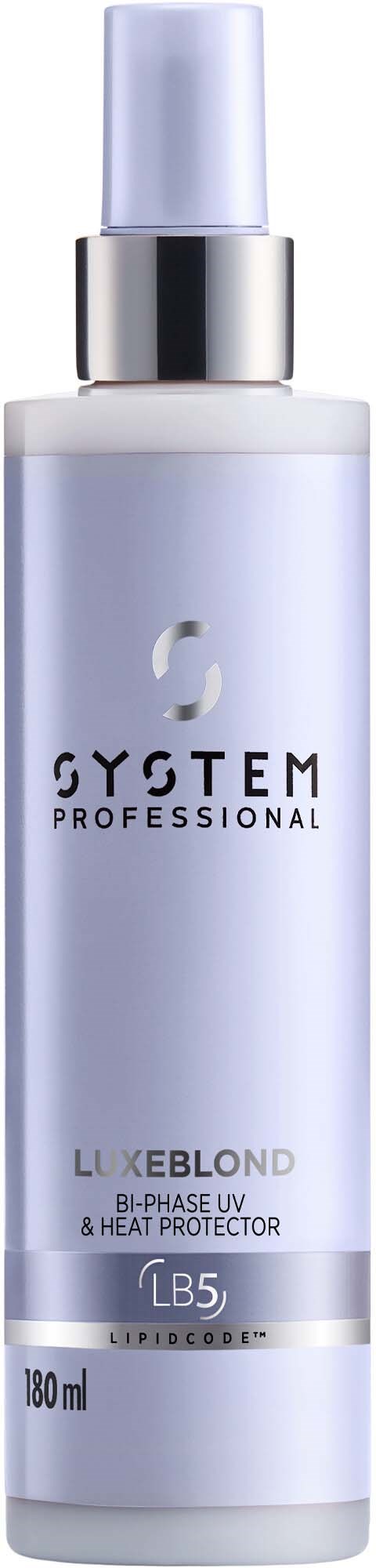 Eine weiße Flasche mit silberner Kappe, gekennzeichnet GY SYSTEM PROFESSIONAL, Luxe Blond, UV- und Hitzeschutz, 180 ml.