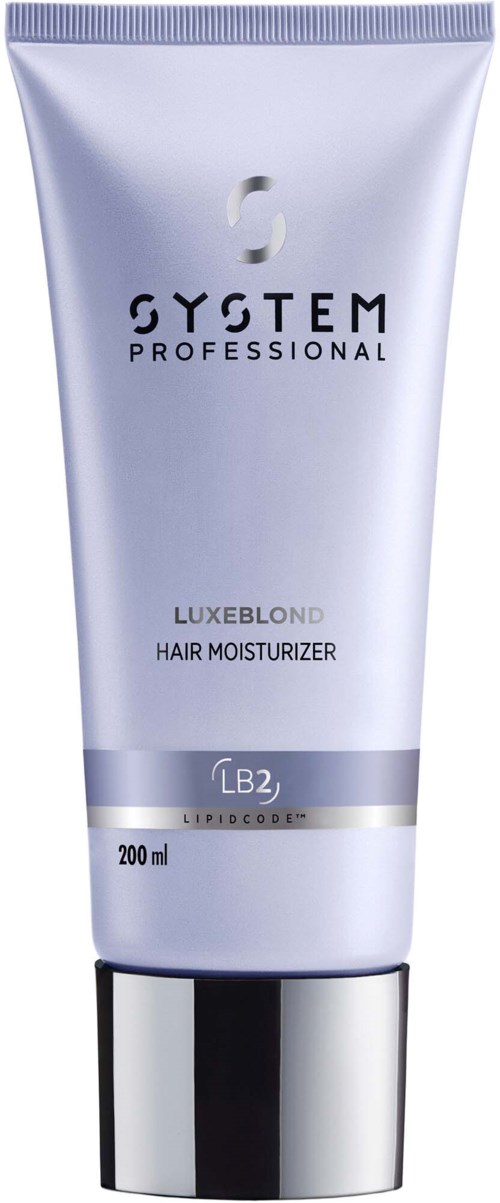 Een zilveren tube haarverzorgingsproduct met blauwe en zwarte tekst, gemarkeerd 'LUXE BLOND' en '200 ml'.