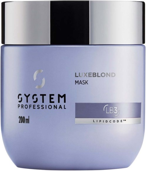 Een pot LUXEBLOND mask met zwart en zilveren deksel, gemarkeerd als SYSTEM PROFESSIONAL LB3 Lipid Code, 200ml.