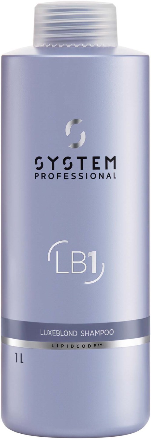 Een lange, licht paarse shampoo fles met witte dop, labelt 'Luxeblond Shampoo' en '1L'.
